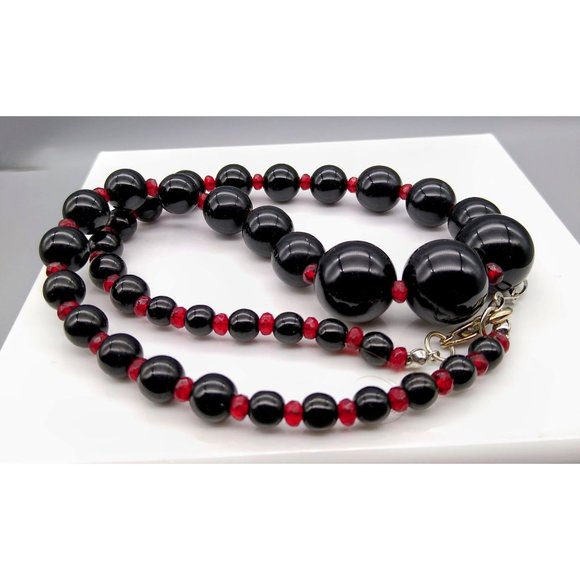Graduated Lucite Gothic Beaded Necklace, Black Beads with Ruby Red Crystal Space - Picture 4 of 4